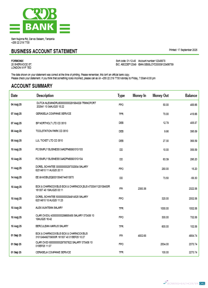 Download Tanzania CRDB company checking account statement Word and PDF template Photoshop template